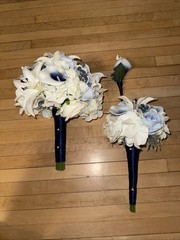 Lot Of 3 Sink Floral Bouquets Bride Groom Maid Of Honor Flower Girl Blue & White