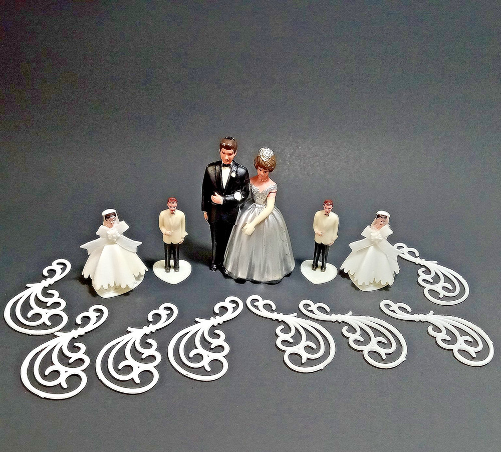 Vintage Wilton Cake Topper Bride and groom 1950s 3.5” Plastic Lot of 14