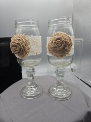 Country Rustic Wedding His & Hers Wine Toasting Goblets, Mason Jar Lace