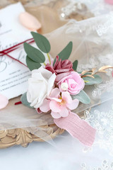 Dusty Rose Wrist Corsage and Boutonniere Set Artificial Light Pink White Rose Fl