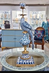 Antique Style Parrot Porcelain & Bronze Candlesticks-Candle Holders Pair-19»H