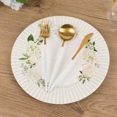 25 White Sage Green Dinner Paper Plates with Floral Lined Rim Decorations