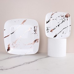 10 WHITE ROSE GOLD Square Metallic Marble Plastic Salad DINNER PLATES Party