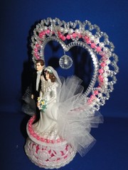 New Vintage Bride & groom black tux with pink beaded trim Wedding Cake Top #234