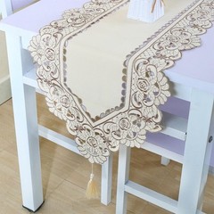 Table Runner Mat Tablecloth Tassel Flower Embroidery Beige Rose 40x150cm
