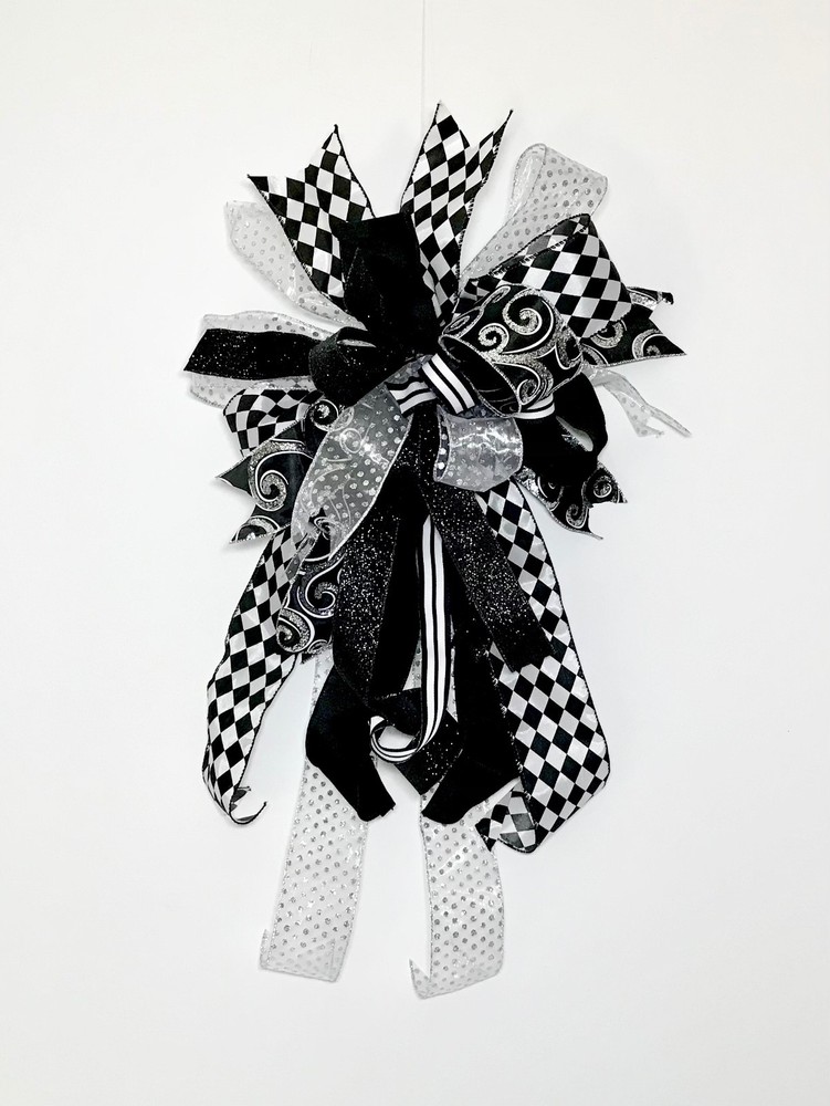 EXTRA LARGE DECORATION 6 RIBBON BLACK WHITE SILVER DESIGNER BOW READY TO USE