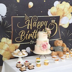 Black Gold 6×3 ft Polyester Happy Birthday Printed BACKDROP Party Decorations