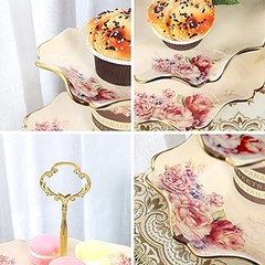 3-Tier Floral Royal Cupcake Stand, Vintage Fruit Plate with Gold Trim,
