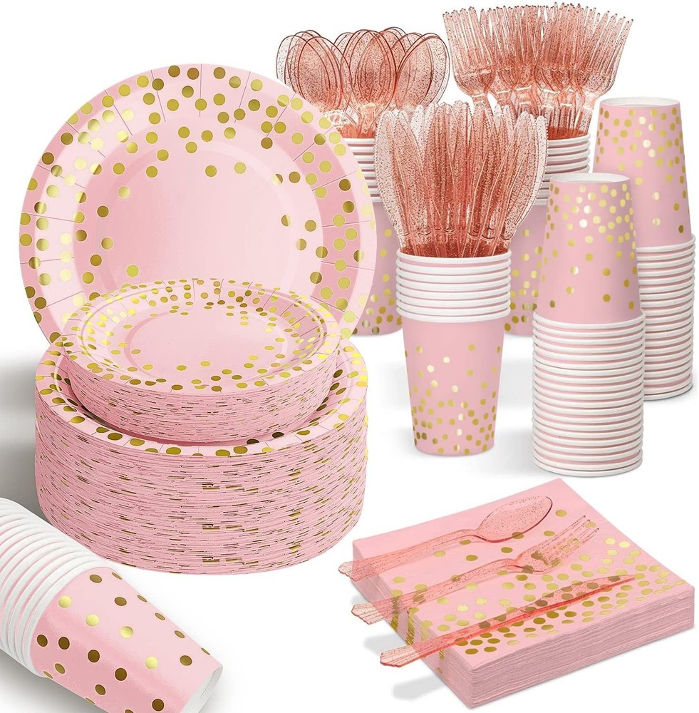 175PCS Pink Rose Gold Party Plates Set for 25 Guests Disposable Cutlery Cups