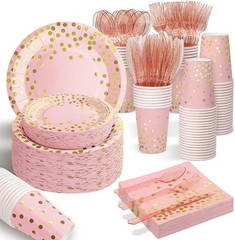 175PCS Pink Rose Gold Party Plates Set for 25 Guests Disposable Cutlery Cups