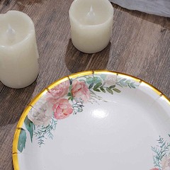 25 White Round Paper Plates Floral Design Gold Rim Party Events Home Tableware