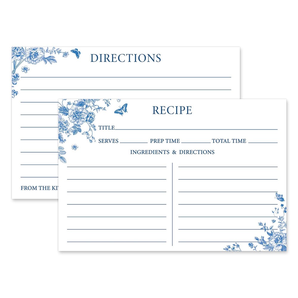 JarThenaAMCS 50Pcs Blue Floral Recipe Cards Chinoiserie 4 x 6 inch,