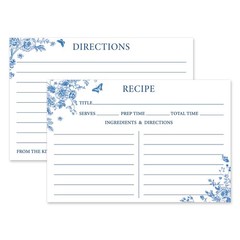 JarThenaAMCS 50Pcs Blue Floral Recipe Cards Chinoiserie 4 x 6 inch,