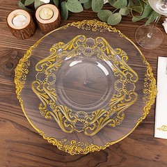 10 Round 8″ Clear Gold Baroque Plastic Salad Dinner Plates Party Decorations