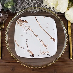 10 WHITE ROSE GOLD Square Metallic Marble Plastic Salad DINNER PLATES Party