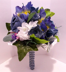 Denim Bridal Bouquet Roses w Spring Flowers & Denim Rose Corsage Country Wedding