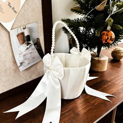 Wedding Flower Girl Baskets Pearl Handle Satin Bow Bridal Ceremony Decor 2 Pack
