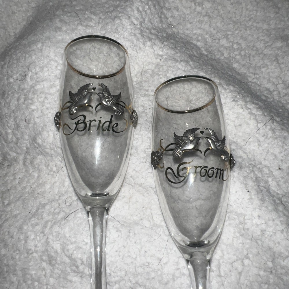 Rawcliffe Bride & Groom Toasting Flute Wedding Glasses Vintage Pewter Doves VTG!