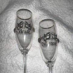 Rawcliffe Bride & Groom Toasting Flute Wedding Glasses Vintage Pewter Doves VTG!