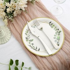24 White 9″ Round Paper Plates Eucalyptus Geometric Gold Rim Design Party Events