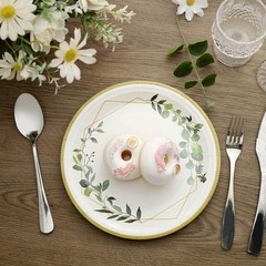 24 White 9″ Round Paper Plates Eucalyptus Geometric Gold Rim Design Party Events