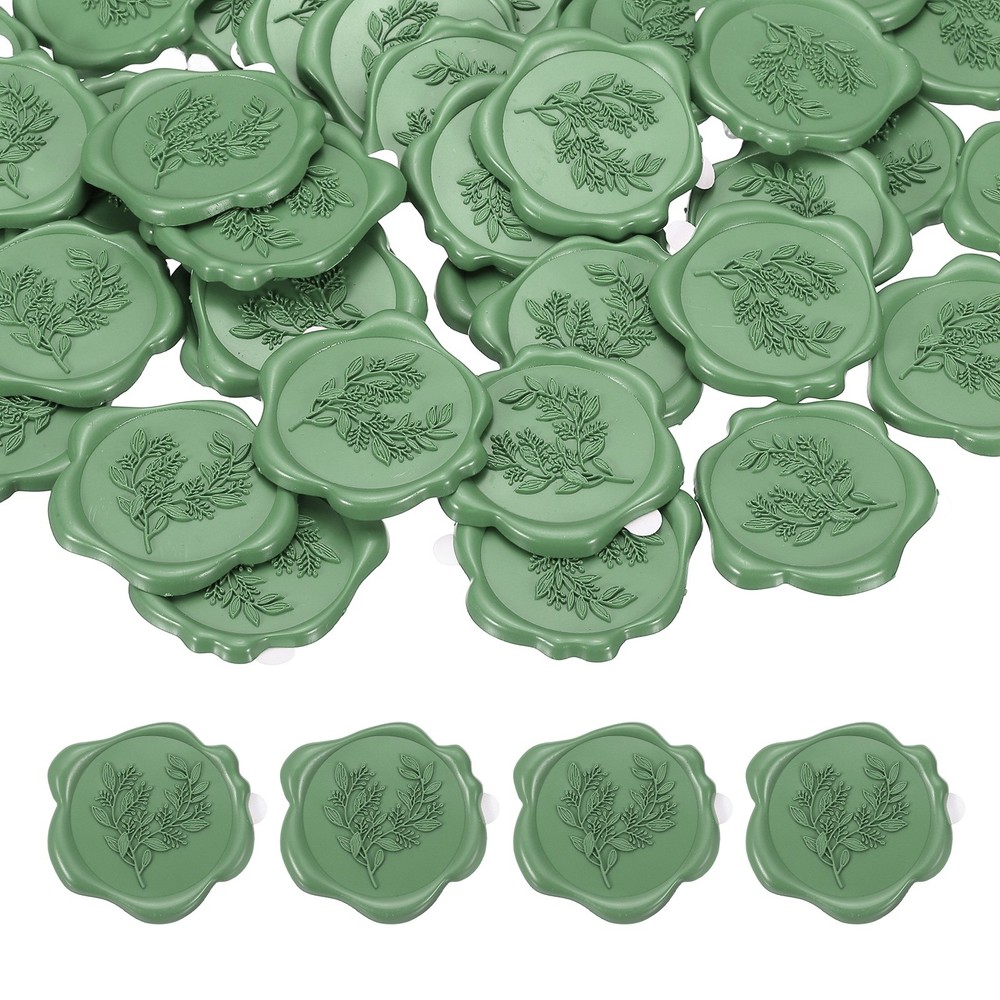 Eucalyptus Leaf Wax Seal Stickers, 50 Pack Embossed Adhesive, Olive Green