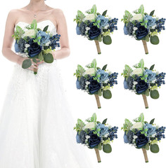 Navy Blue & White Bridesmaid Bouquets – Set of 6 Artificial Flower Arrangements
