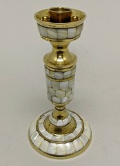 Candle Holder Brass Mother of Pearl Inlay Glass Hurricane 4.5″Dia 13″High Set/2