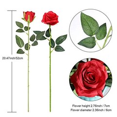 12PCS Artificial Flowers Fake Roses, Realistic Silk Long 6 Flowers 6 Buds Red