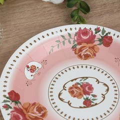 25 DUSTY ROSE 7″ Paper Round Plates with Vintage Rose Flower Print Wedding