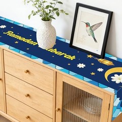 Ramadan Table Runner, 183x33cm/72x13in Blue Yellow Lantern Flower Tablecloth