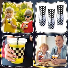 50 Sets Checkered Cup with Flat Lids and White Black Checkered Flag Plaid
