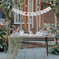 Large White Wooden Mr & Mrs Sign with Just Married Banner White Sweetheart Table