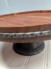 Cake Stand Riser 4.5” High 11” Round Wood Galvanized Metal Band Trim India Made