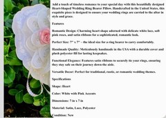 Wedding Ring Bearer Pillow White Lace Heart Cushion Pink Roses Keepsake Gift New