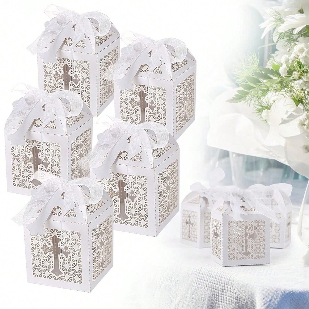 White 3 Laser Cut Cross Gift Boxes 5x5x7cm Wedding Favors Decor