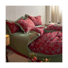 MKXI Red Floral Queen Duvet Cover Set Cotton Guaze Textured Shabby Chic Flowe…