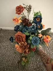 SMALL 13” CASCADE BRIDAL BOUQUET IN DARK TEAL & BURNT ORANGE