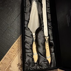 Things Remembered Cake Knife & Server Set Metal Wood Silver Beige Decorative