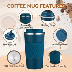 12oz Stainless Steel Travel Mug Insulated Coffee Cup Leak Proof Lid Blue