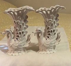 Table Centerpieces White Porcelain Swan Vase Planters Pierced Reticulate Design