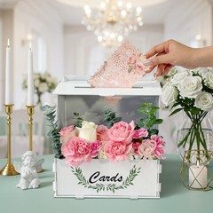 Wooden Wedding Card Box with Flower Trough, White Gift Card Box for Wedding w…