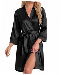 Women’s Lace-Trim Silk Robes Bride Bridesmaid Kimono Satin XX-Large Black