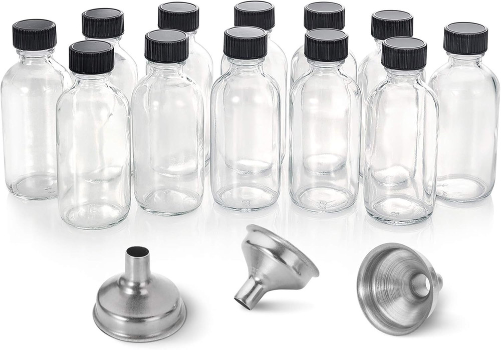 12 Pack 2oz Clear Glass Bottles w Lids & 3 Funnels 60ml Boston Round Travel Jars