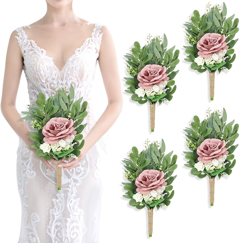 8 Inch Bridesmaid Bouquets Set of 4 – Artificial Flowers Greenery Bouquet for…