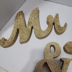GOLD Glittered Wooden Mr & Mrs Freestanding Wedding Table Display (2 Glue Spots)