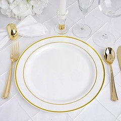 Plastic WHITE with Gold Rim 10.25″ PLATES Disposable Party Wedding WHOLESALE