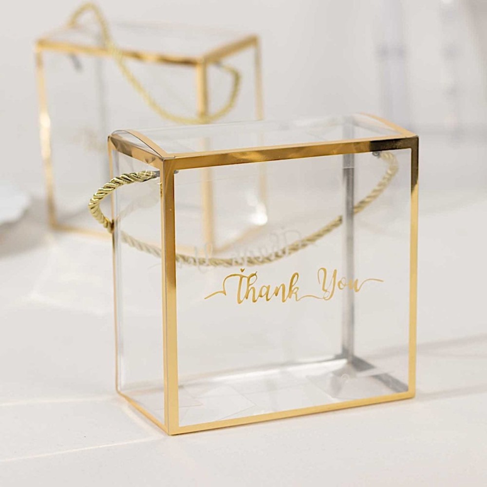 CLEAR GOLD 25 PVC Favor Boxes with Rope Handles and Thank You Print Party