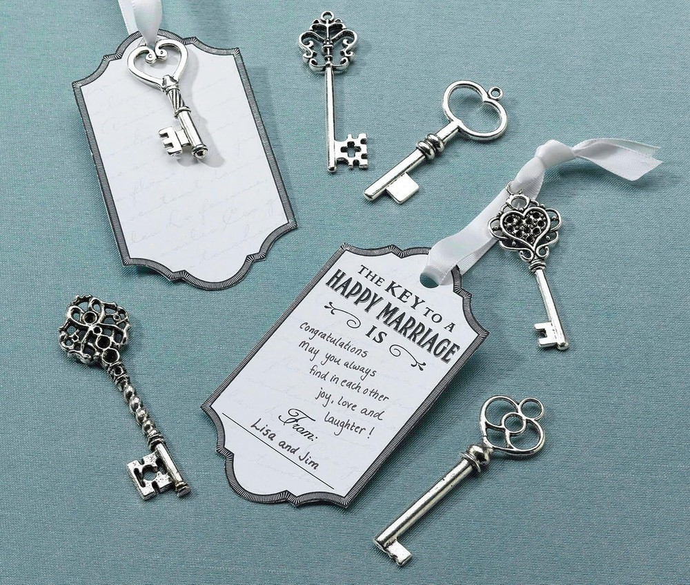 Unique Wedding Guest Book Alternative – 24 Silver Key Tags & Ribbons