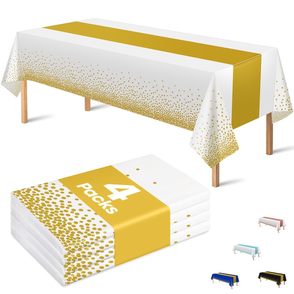 OHOME 4 Pack Disposable Plastic Table Cloths for 108″L x 54″W, White and Gold